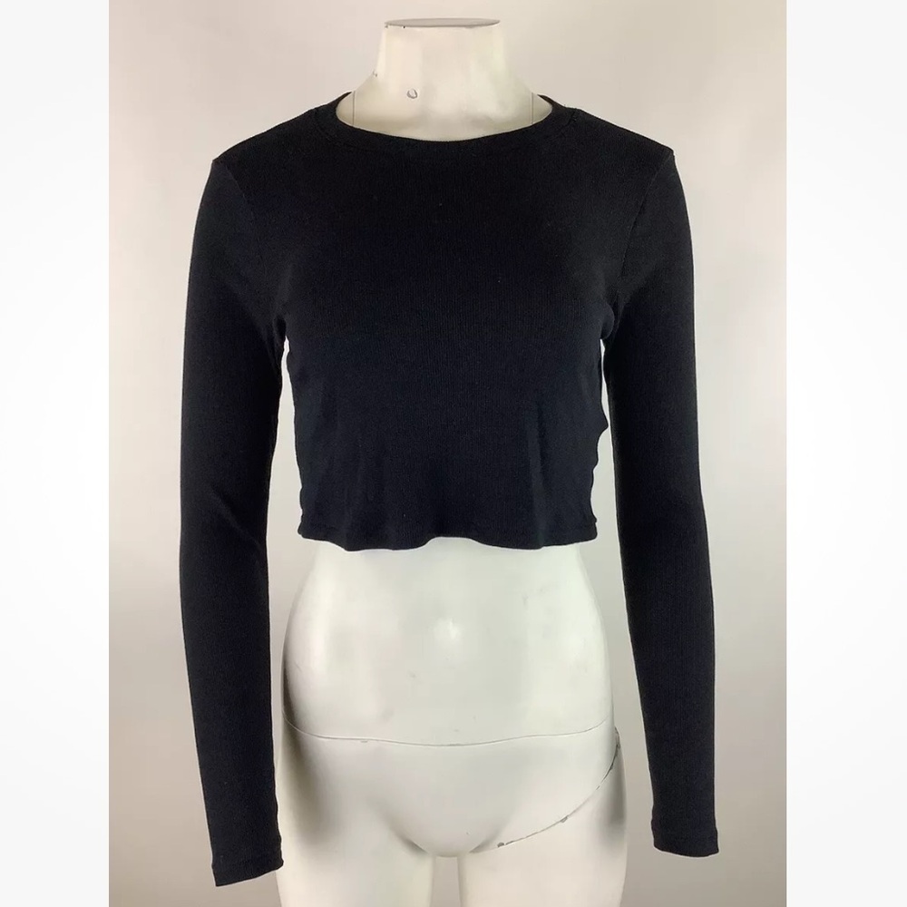 Madewell Sz M Fine Ribbed Supercrop Long Sleeve Tee Black Cotton Modal Top